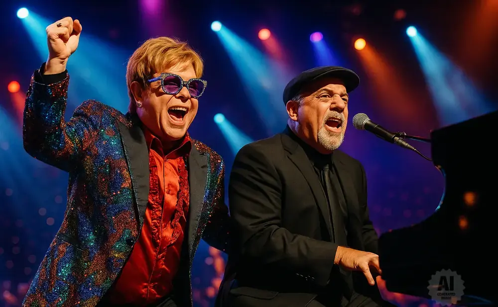 Elton John and Billy Joel perform together on stage with Elton John in a sparkly jacket and Billy Joel at a piano.