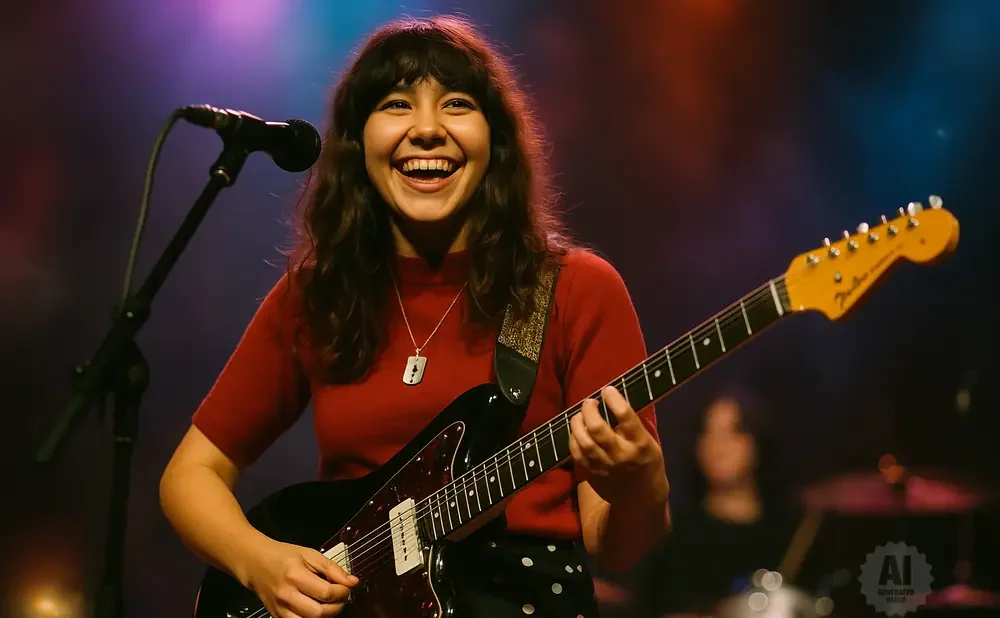 Woman playing an electric guitar and singing into a microphone.