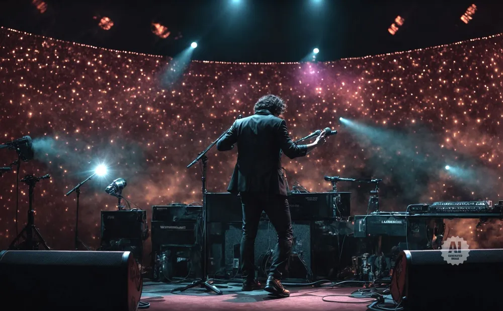 Musician in black suit performs on stage with a sparkling backdrop.