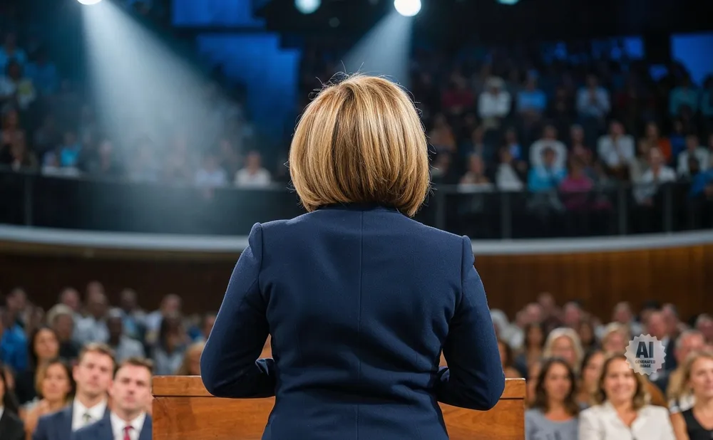 A woman in a blue suit speaks to an audience from behind a podium.