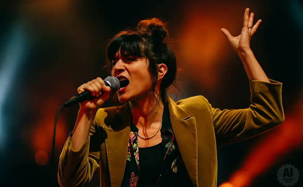 Woman with hair in a bun sings into a microphone on stage, wearing a gold velvet jacket.