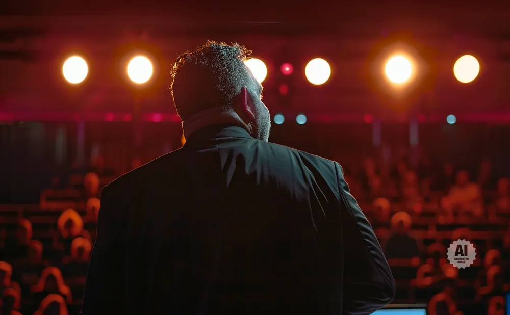 Man in black suit on stage facing audience, illuminated by stage lights.