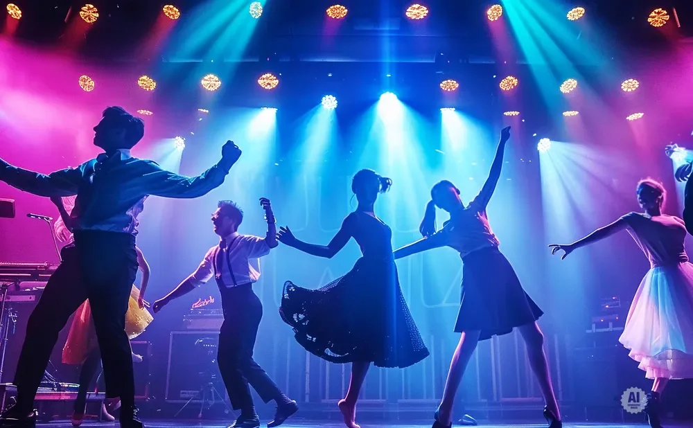 Dancers perform on a stage lit with pink and blue lights, with spotlights creating dramatic effects.