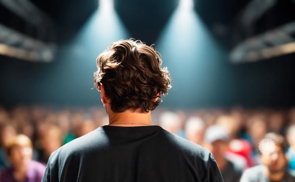 Back view of a person with curly hair on stage, facing a blurred audience under spotlights.