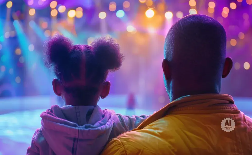 A man and child view a colorful, illuminated event from behind.