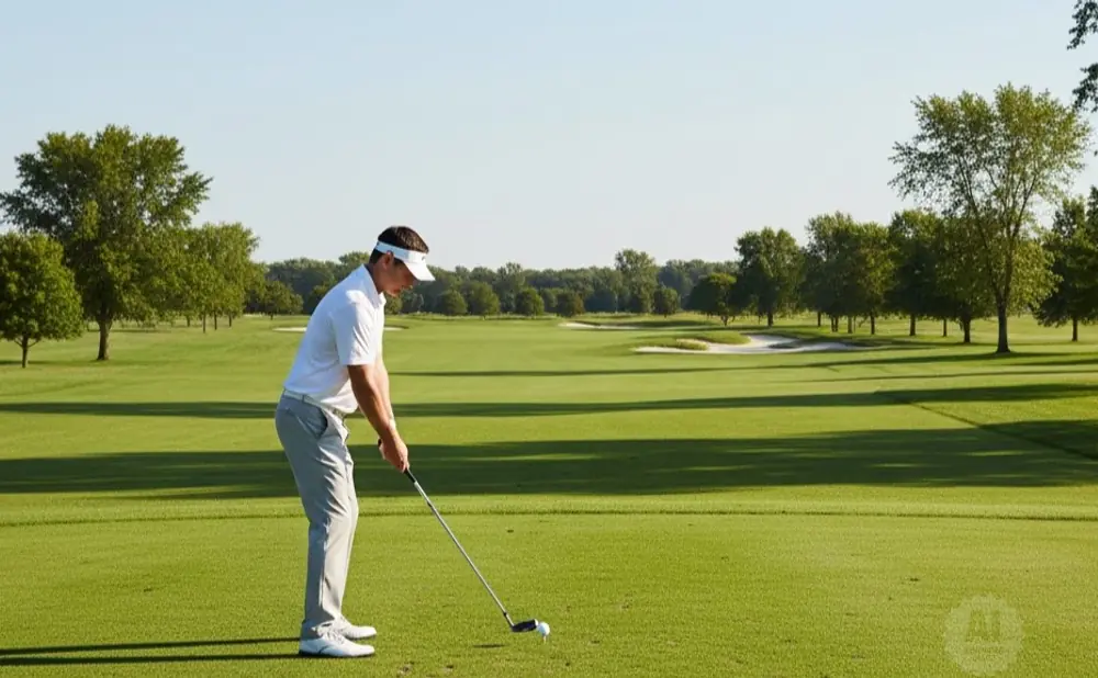 Golfer in white polo and grey pants prepares to swing at a golf ball on a sunny green course with trees and sand traps.