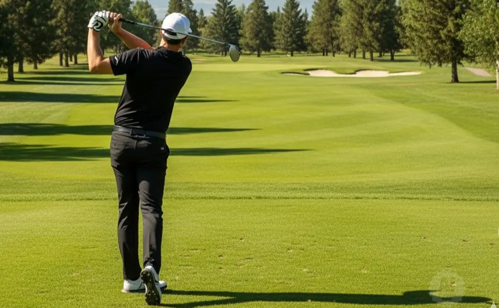 Golfer in black swings club on a sunny golf course, trees line the fairway.