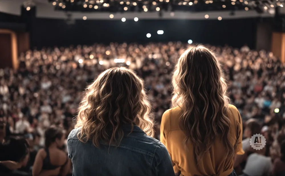 Two women with wavy blonde hair face a large audience. One wears a denim jacket, the other a yellow shirt.