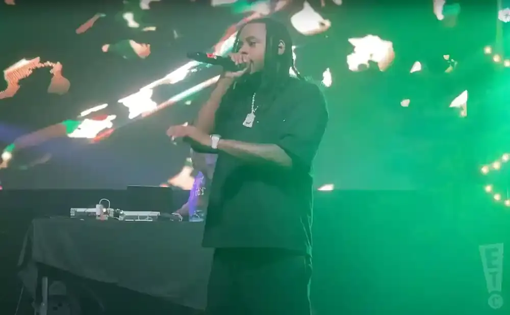 A rapper in a black t-shirt and dreadlocks performs with a microphone at a concert, illuminated by green stage lights.