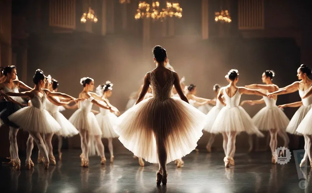 Ballet dancers in white tutus perform on stage, with a central dancer facing away from the camera.