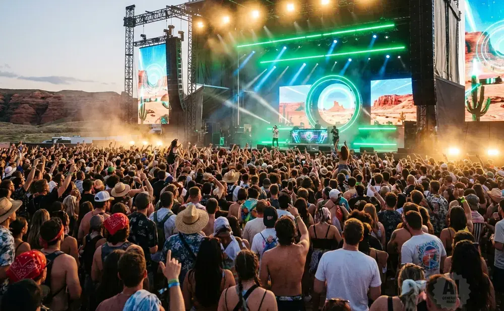 A massive crowd of people at an outdoor music festival watches a DJ perform on a stage with large screens displaying desert landscapes.