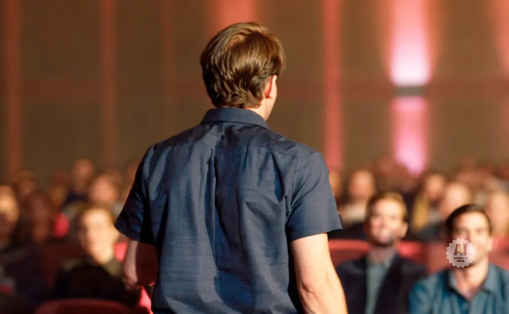 A man in a blue shirt faces away from the camera, addressing an audience in a dimly lit room with red-lit walls.