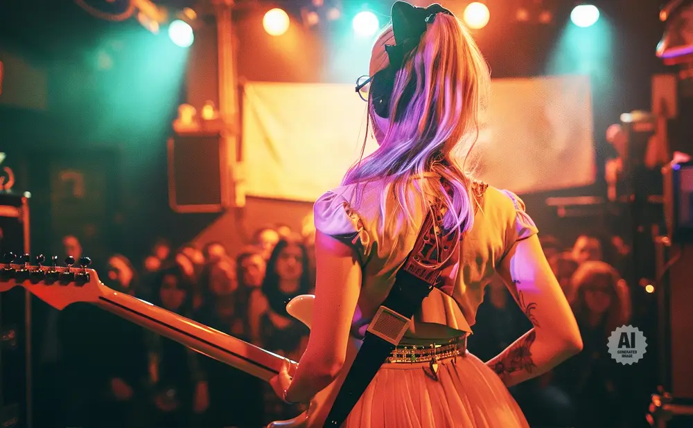 Woman in a dress with a guitar on stage, performing for an audience.