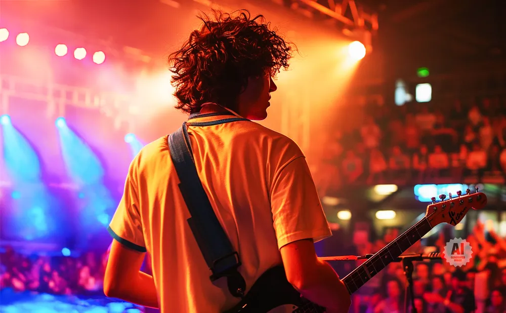 A guitarist in a yellow shirt plays on a stage with colorful lights and a crowd.