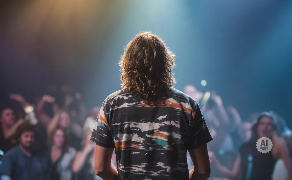 Man with curly hair on stage facing a blurred crowd.