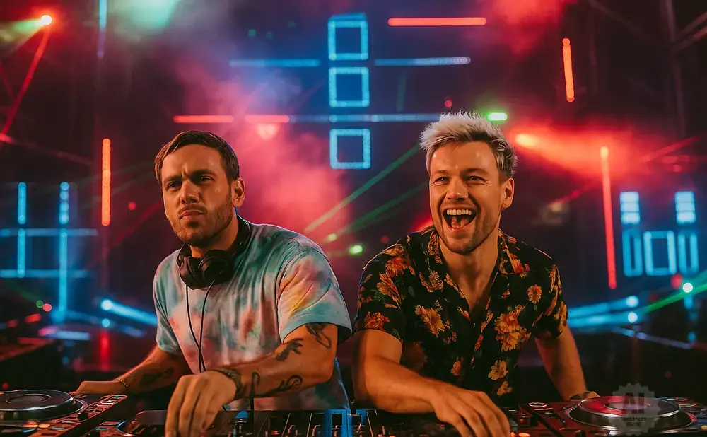 Two DJs at turntables with colorful lights and smoke in the background.