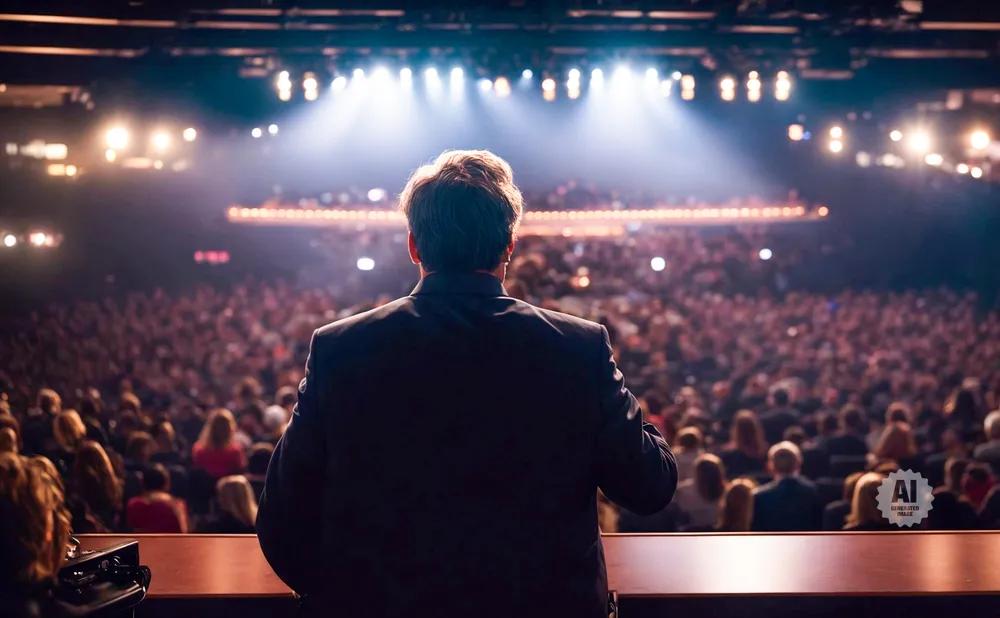 A speaker addresses a large, captivated audience from a stage bathed in bright spotlights.