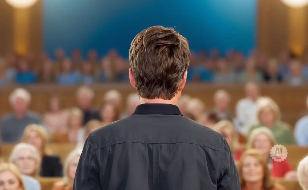 Man in a black shirt faces away from the camera, addressing an audience in a lecture hall.