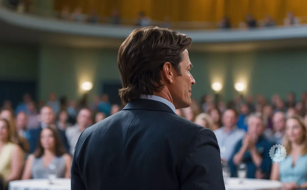 A man in a suit speaks to an audience in an auditorium.