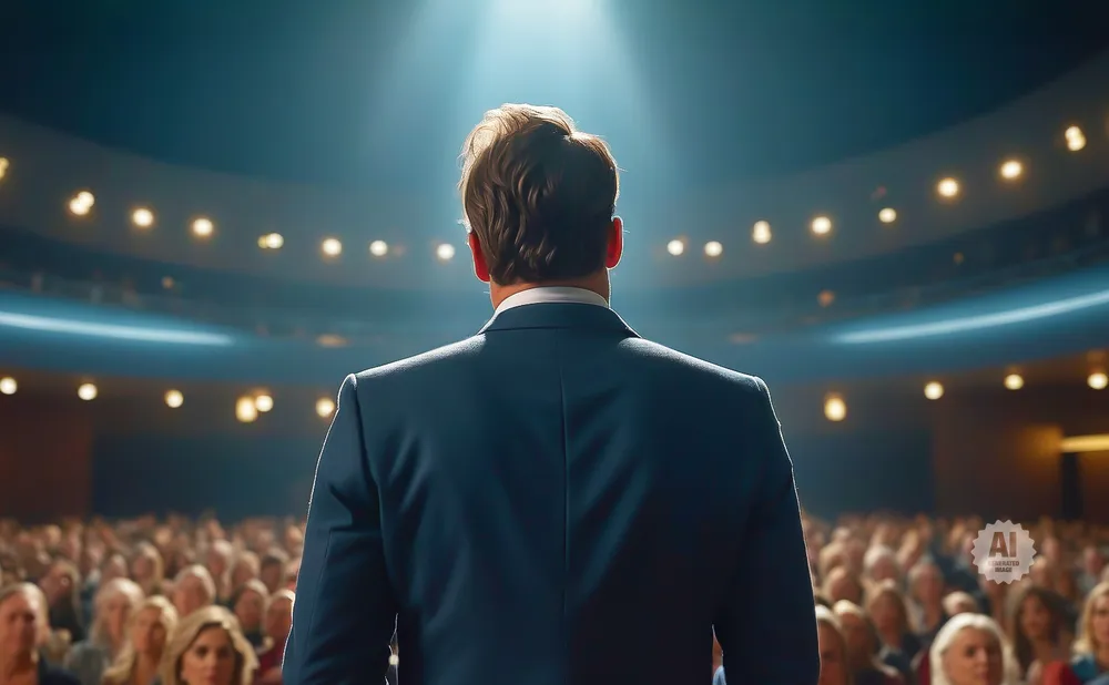 Man in a suit on stage facing a large audience under a spotlight.