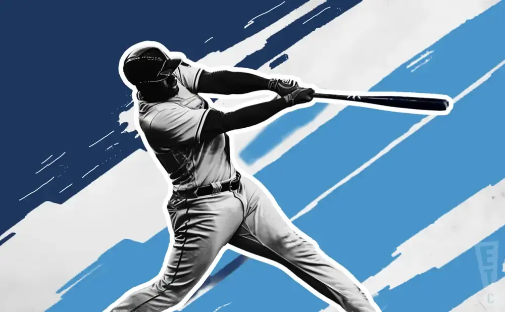 A baseball player in mid-swing against a background of blue and white brushstrokes.