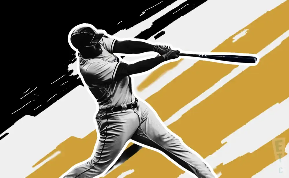 Baseball player swinging a bat on a black and gold background.