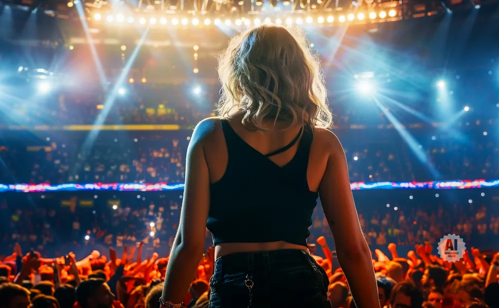 A singer on stage faces a cheering crowd under bright stage lights.