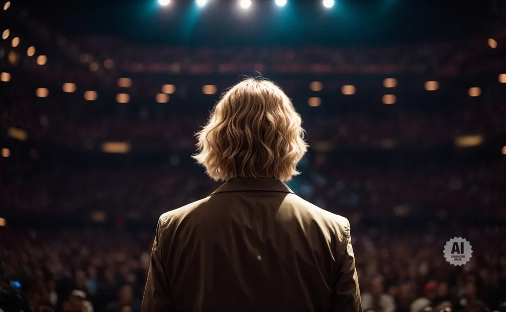 Woman with wavy blonde hair stands on stage facing a cheering audience in a dimly lit stadium.