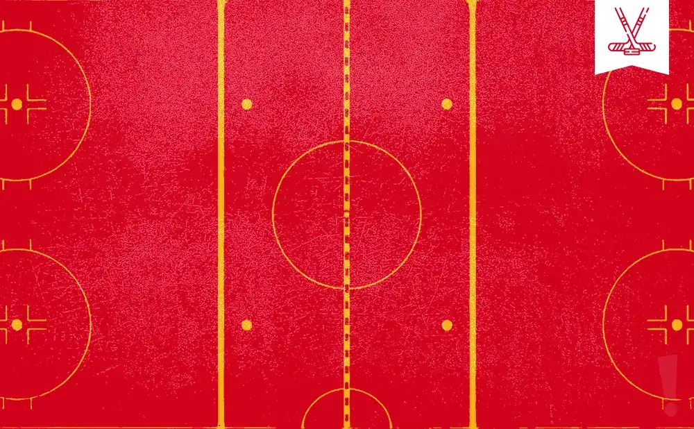 A top-down view of a red hockey rink with yellow markings, a face-off circle, and a hockey stick logo in the top right corner.