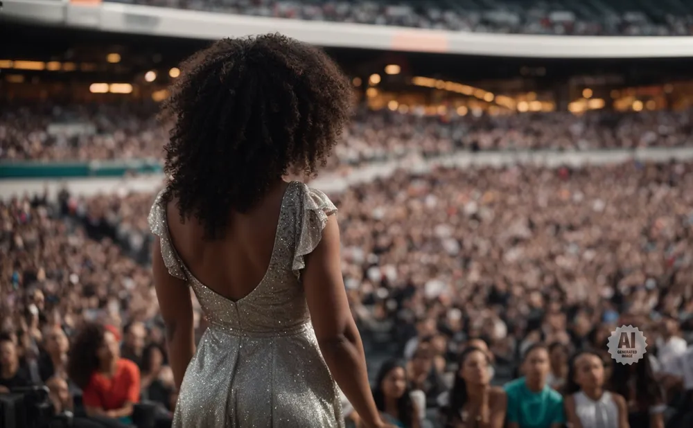 A woman with curly hair in a sparkly dress stands on a stage facing a large, blurred crowd.
