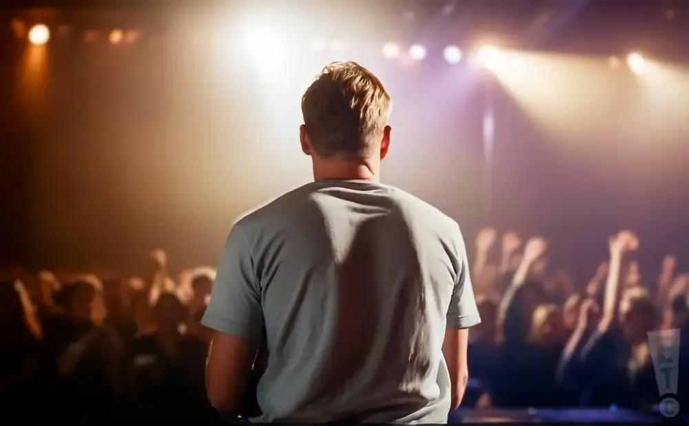 A man stands on a stage facing a cheering crowd under bright spotlights.