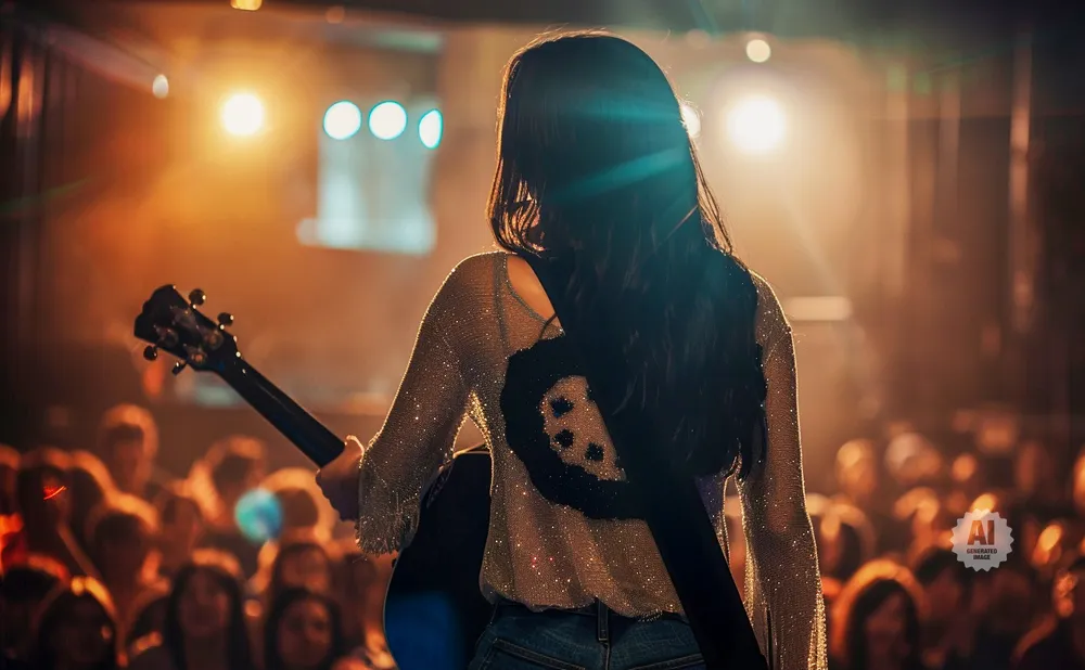 Back view of a woman with long dark hair playing a guitar on stage with a blurry crowd in the background.