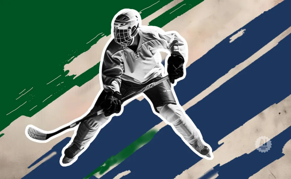 A hockey player in full gear skates with their stick, set against a background of green and blue stripes.