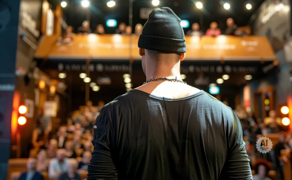Man in black beanie and shirt, back to camera, faces an audience in a dimly lit venue.