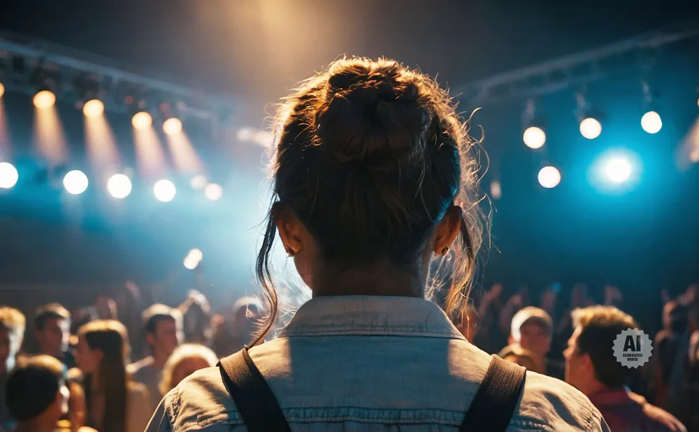 Back view of a woman with her hair in a bun, watching a concert.