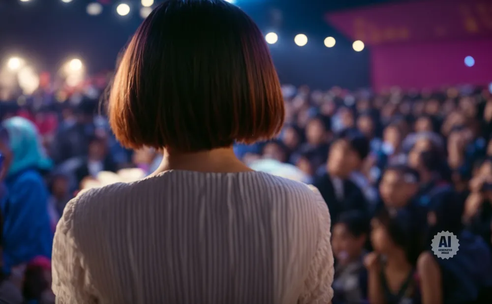 A woman with a short bob haircut speaks to a large, blurred audience under stage lights.