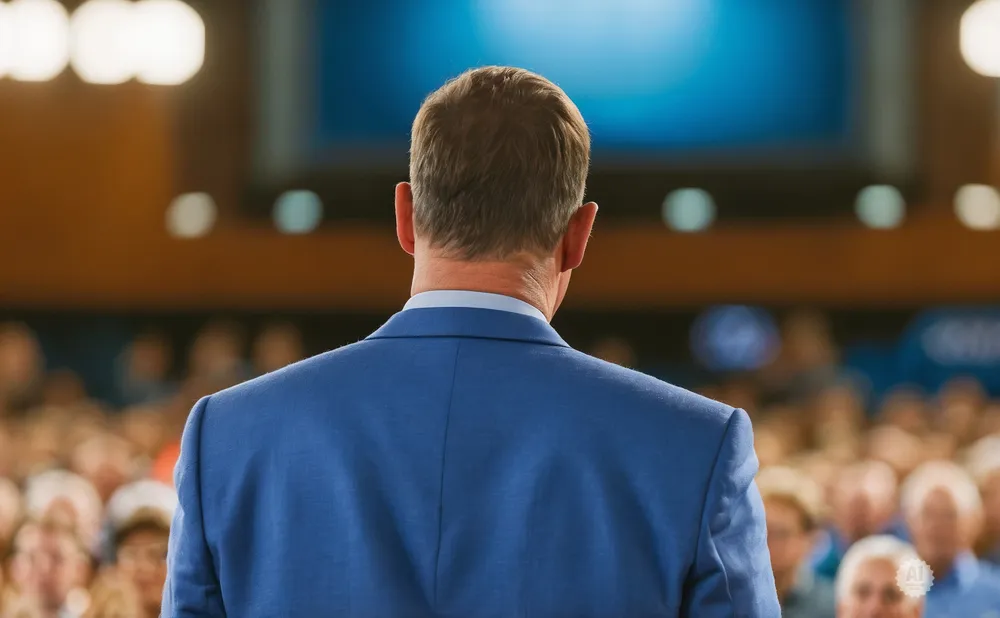 Rear view of a man in a blue suit facing a blurred audience in front of a blue screen.