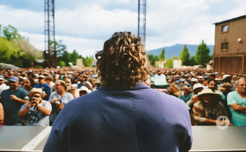 Man with curly hair in a blue jacket addresses a large outdoor crowd.