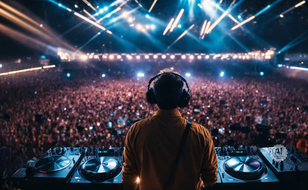 DJ at a concert with headphones and turntables facing a large, illuminated crowd.
