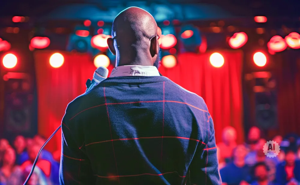 A bald man on a stage holds a microphone, facing away from the camera with red curtains and lights behind him.