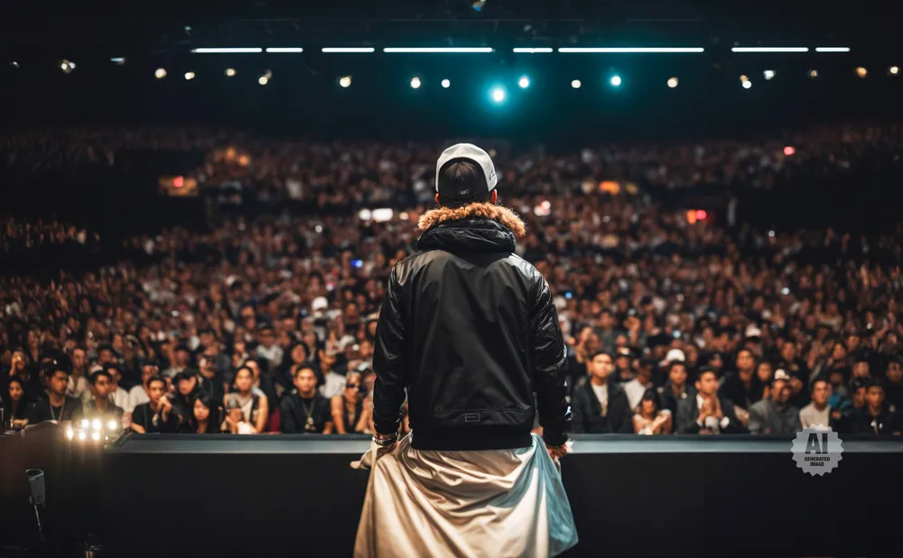 A man in a black jacket and white cloth stands facing a large, blurred audience under stage lights.