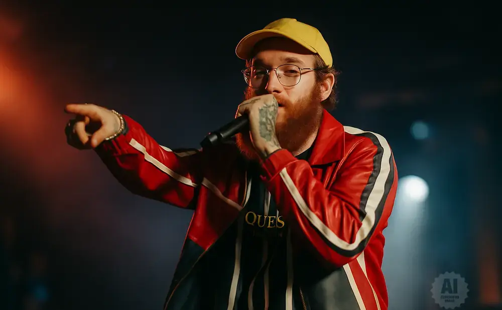 Man in yellow cap and red jacket raps into microphone, pointing forward.