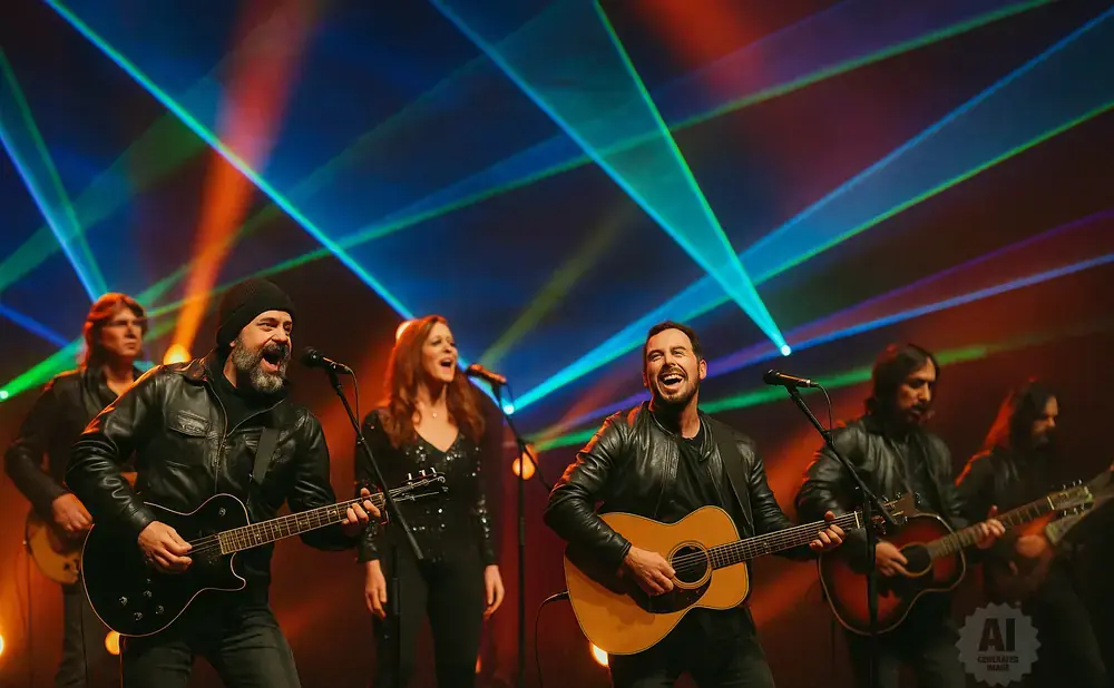 A band performs with guitars and microphones under colorful laser lights.