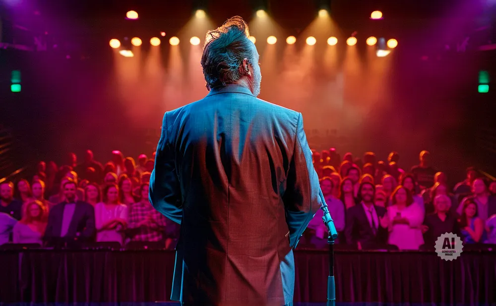 A man in a suit faces away from the camera, on stage in front of a blurred audience.