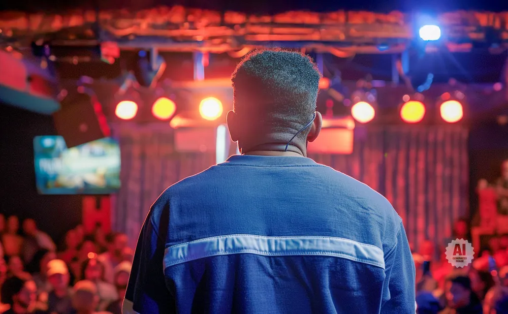 Man wearing a blue sweatshirt with a white stripe, seen from behind, facing a stage with red and orange lights.