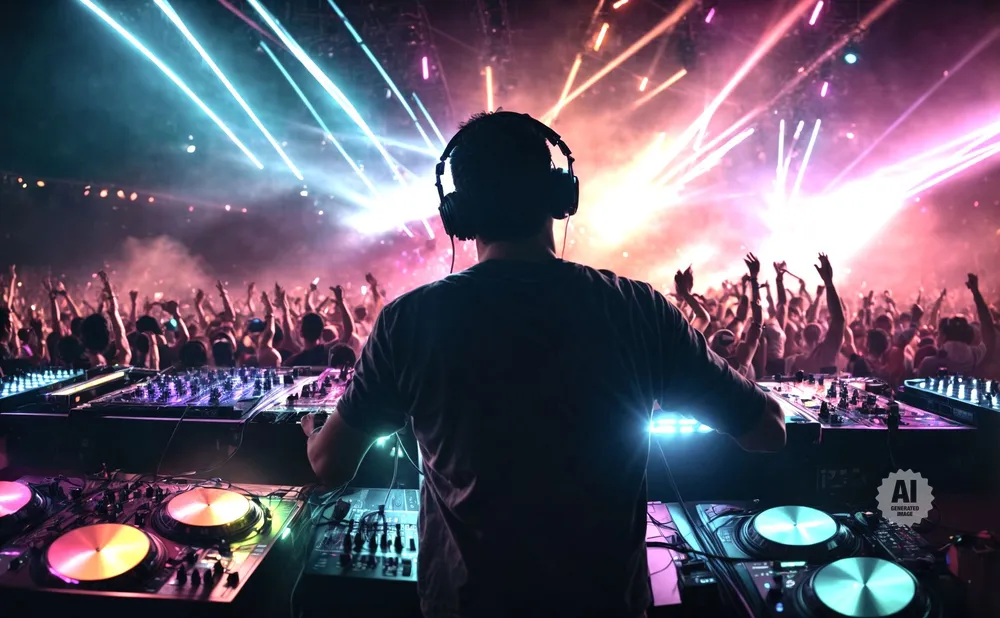 DJ in headphones plays music for a cheering crowd at a concert with bright lights.