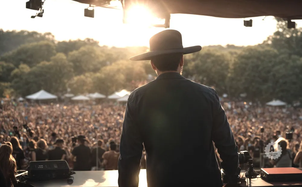 A person in a cowboy hat faces a large crowd at an outdoor concert during sunset.