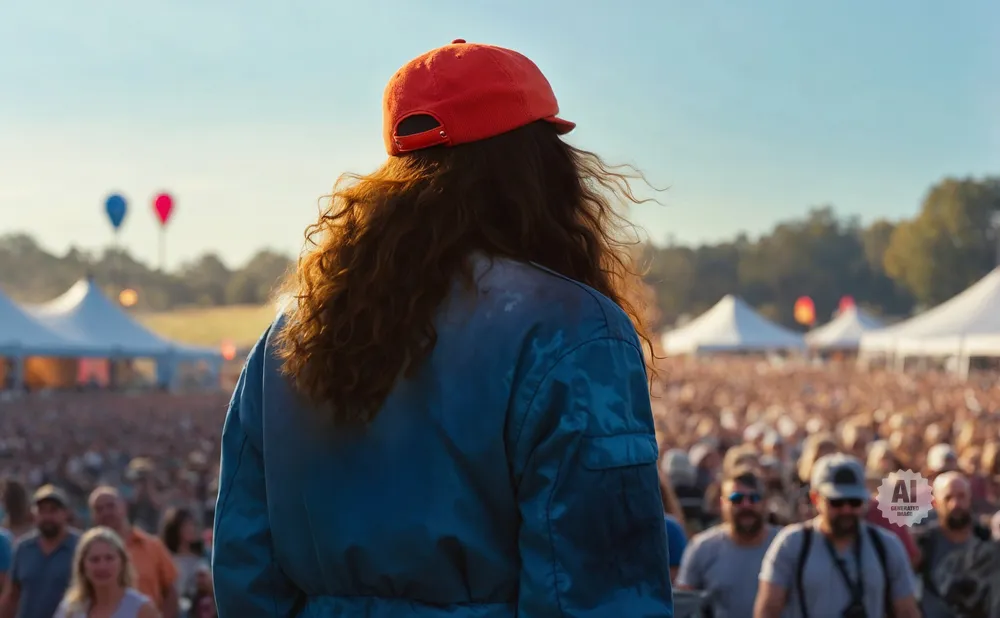 Back view of a person in a red cap and blue jacket at an outdoor festival with a crowd and tents.