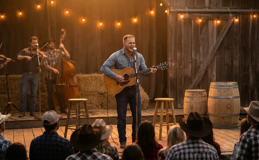 A country band performs on a wooden stage in front of a barn, with hay bales and string lights.