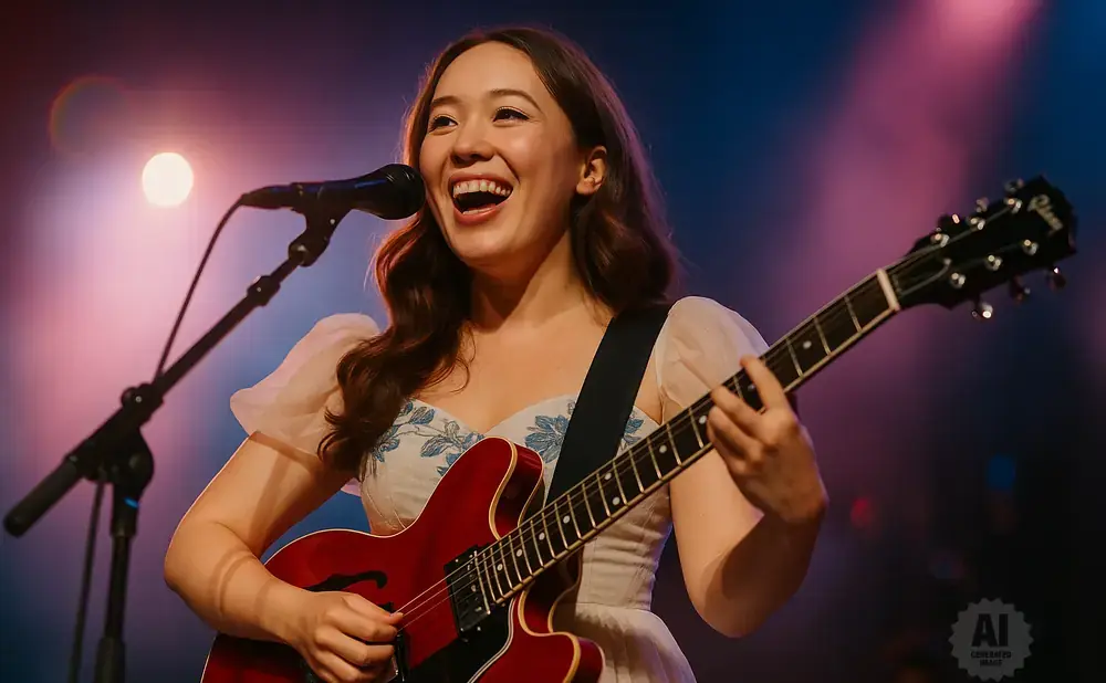 A woman with dark hair, wearing a white dress with blue flowers, smiles while playing a red electric guitar on stage.